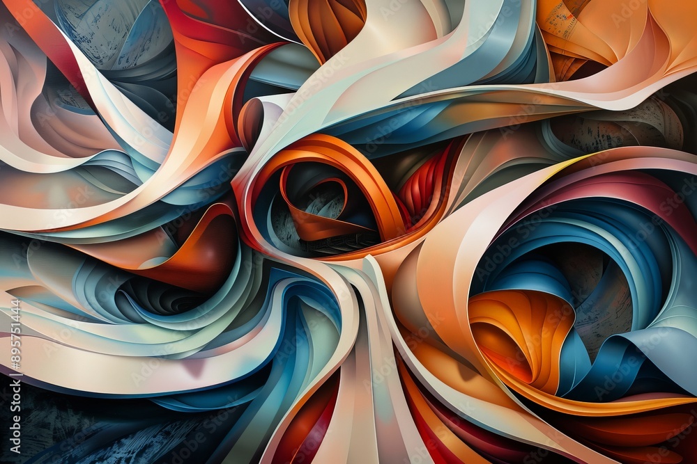 Poster an elegant abstract piece featuring dynamic, flowing ribbon-like shapes in a harmonious color palett