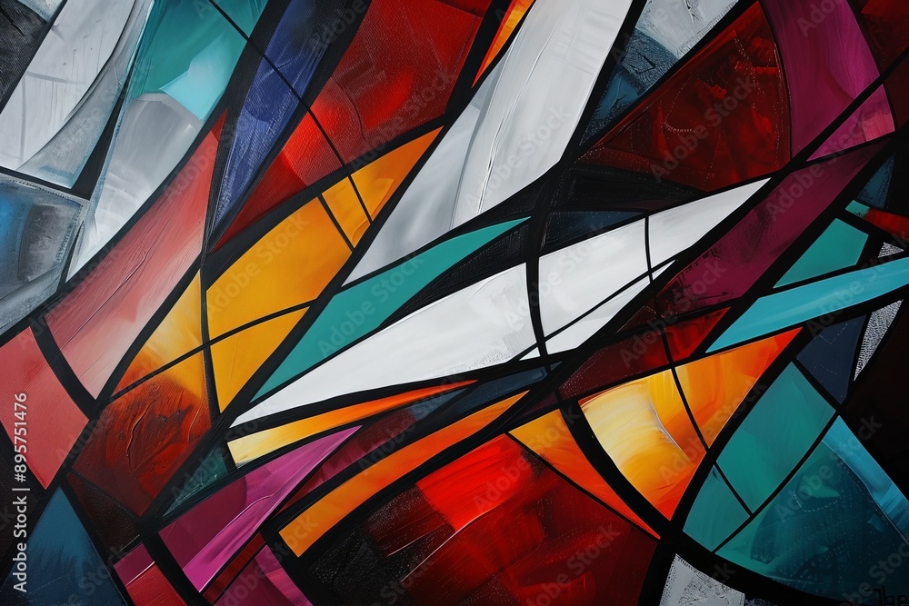 Poster A striking abstract design resembling stained glass with bold, contrasting colors and dynamic shapes, creating a vibrant and eye-catching visual masterpiece.