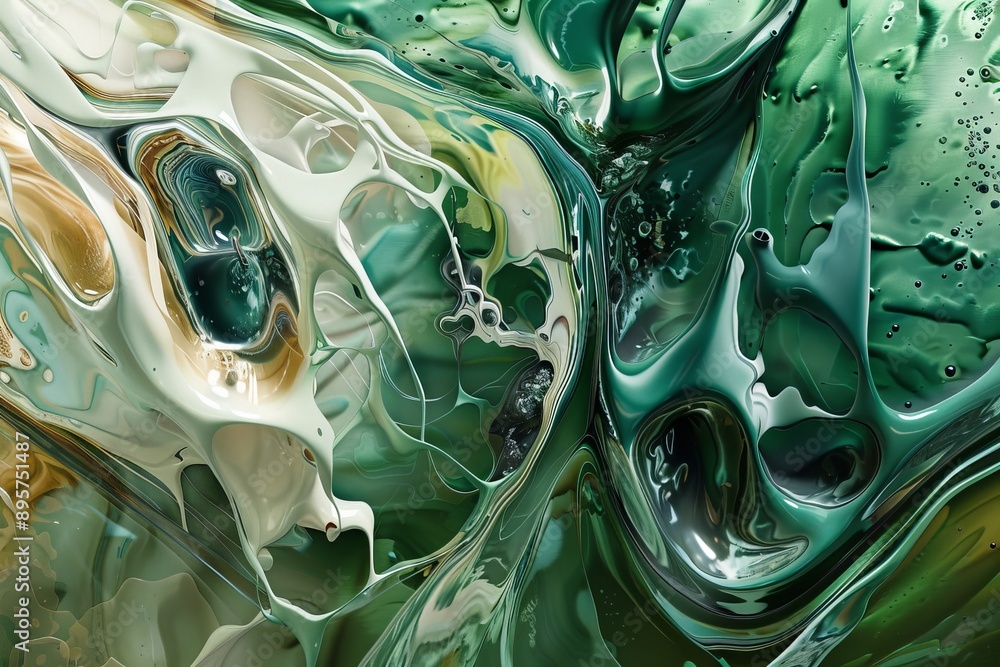 Poster an abstract artwork characterized by green liquid swirls and patterns, offering an engaging and visu
