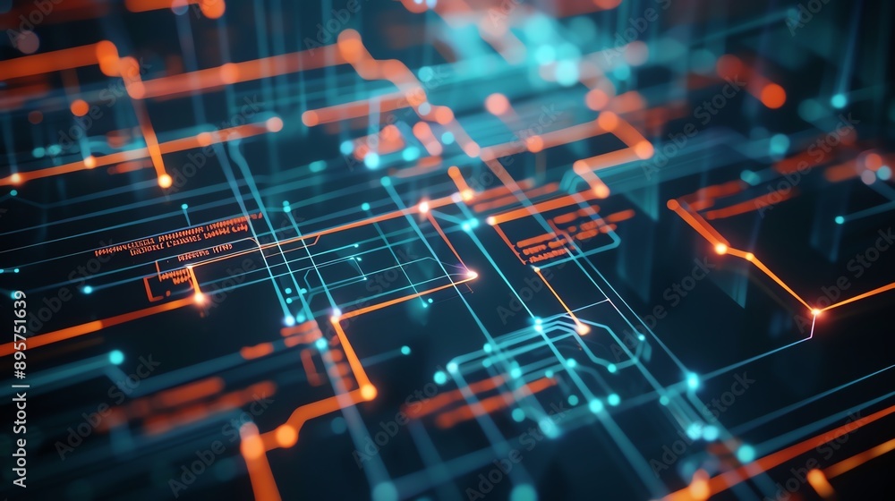 Poster abstract digital network circuit board background in blue and orange hues, representing technology a
