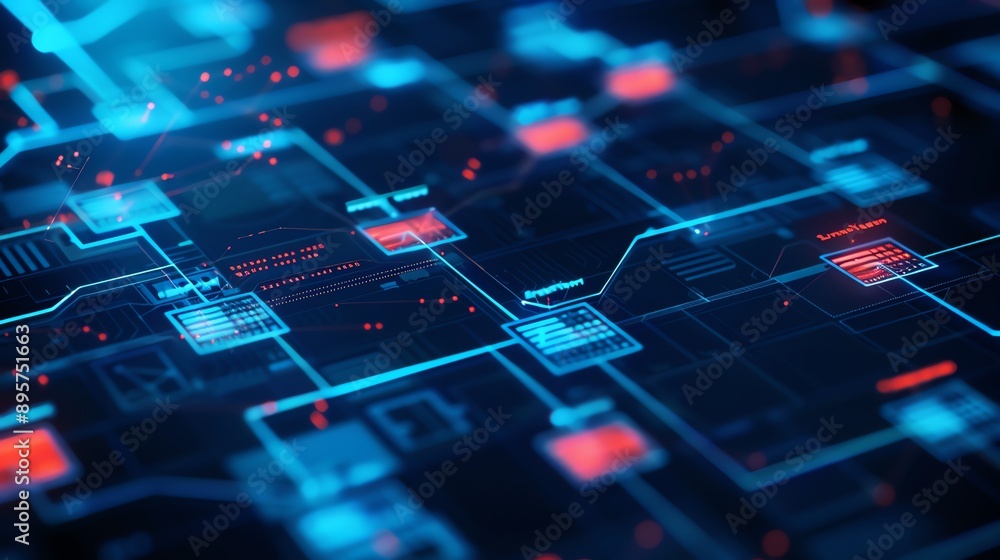 Poster abstract digital network with glowing blue and red nodes and lines. conceptual image for technology,