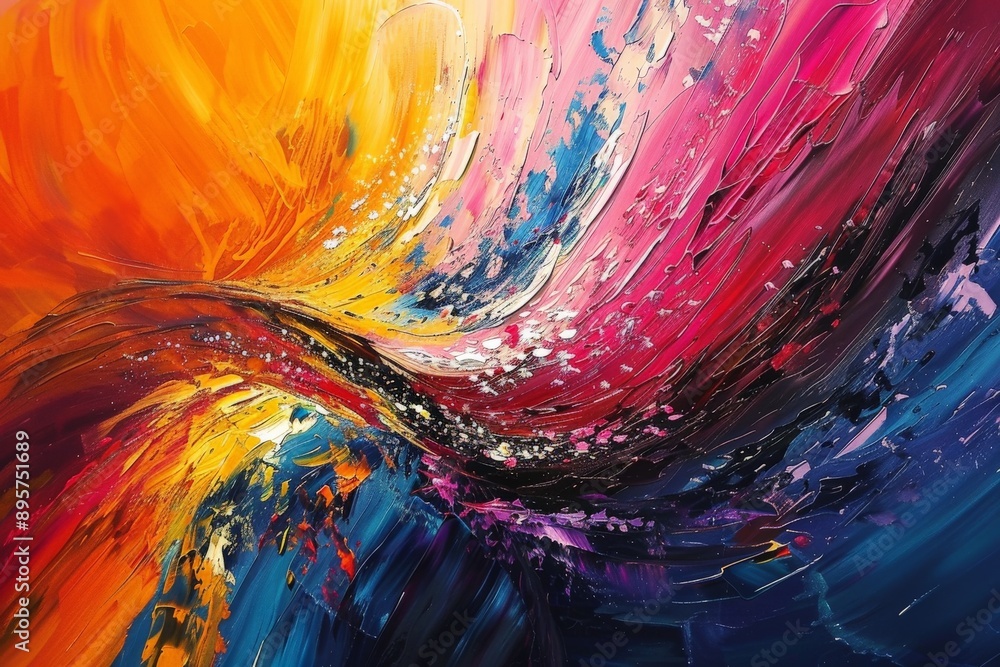 Aufkleber This vibrant abstract image showcases a dynamic vortex of colors, expressing intense movement and emotion. The bold, energetic swirls signify creativity and artistic passion.