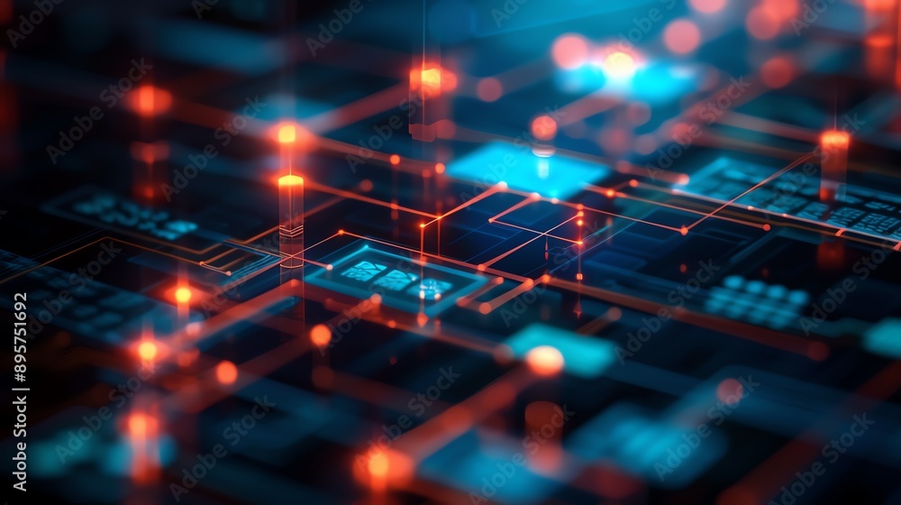 Poster abstract digital circuit board with glowing red lines and blue background. conceptual image represen