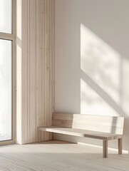 Minimalist wooden bench in a serene, sunlit corner. Vertical wooden panels and a large window enhance the airy, modern design. Light wooden tones create a calming, natural ambiance.