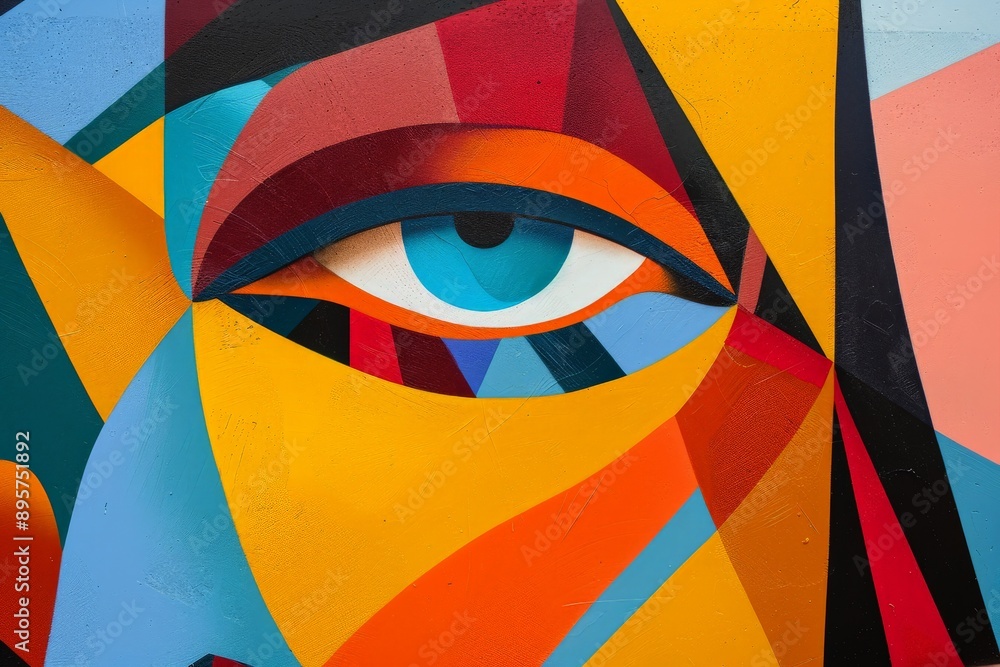 Poster A visually striking abstract painting composed of colorful geometric shapes with an emphasis on a single eye, blending vibrant colors and sharp lines to create a modern art piece.