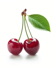 Sweet Cherry Pair. Isolated Whole Cherries on White Background with Stems and Leaf