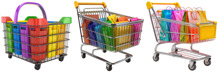 Set of Shopping Carts with Colorful Bags Isolated on Transparent Background png
