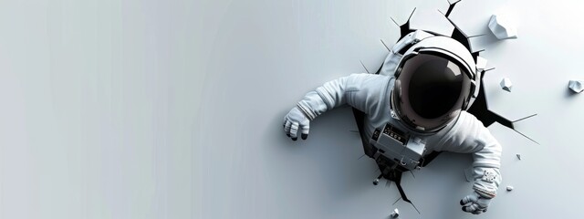 An Astronaut Breaking Through a white Background. Creative Banner Design with Blank Copyspace for Custom Advertising and Messaging