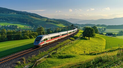 High-Speed Train Traveling Through a Picturesque Countryside Landscape