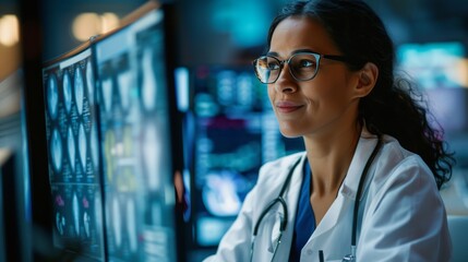 Medical doctor analyzing brain scan imaging on computer in hospital control room