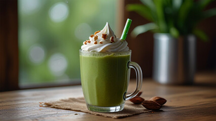 Green tea blended with whipped cream ,Smoothie vegetables with whipped cream