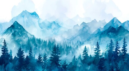 Fototapeta premium Watercolor winter landscape of a pine forest and snowy mountains.