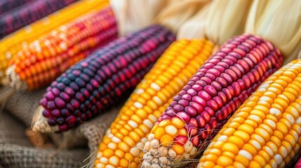 Colorful corn cobs displayed together, showcasing vibrant hues of purple, yellow, and orange. Perfect for autumn harvest themes.