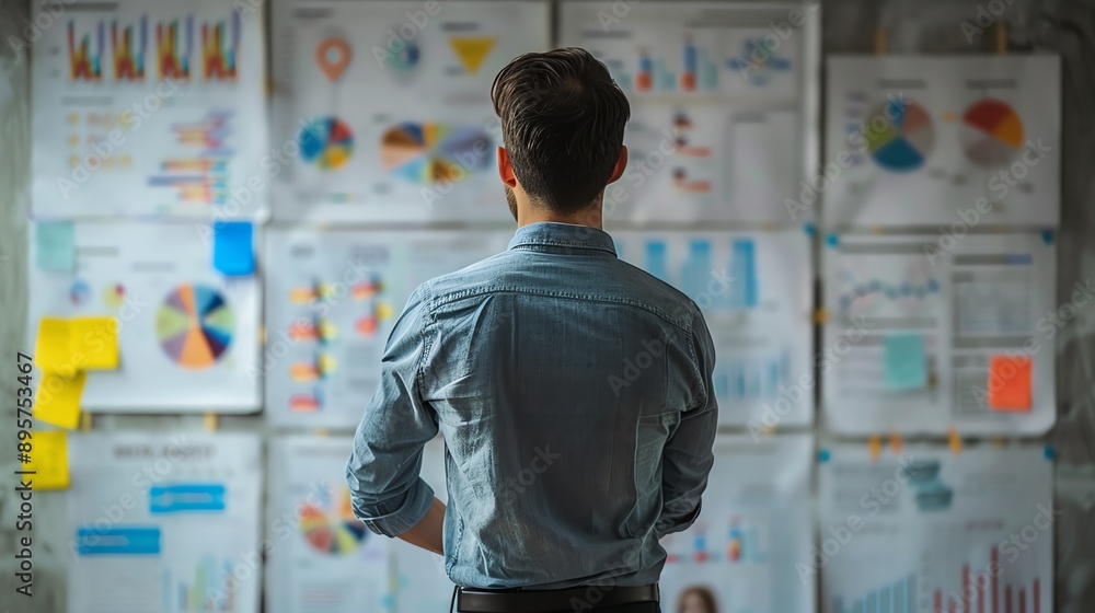 Poster businessman analyzing data on office wall, studying complex charts and graphs for decision making in