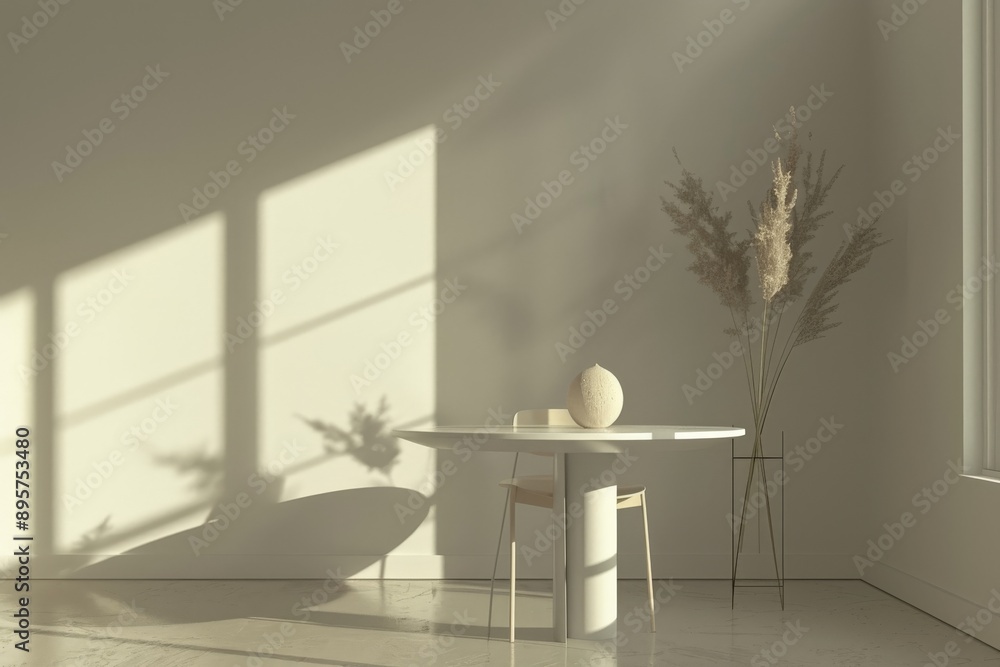 Leinwandbilder a beautifully lit minimalist room featuring a round white table, a simple vase, and a neutral color 