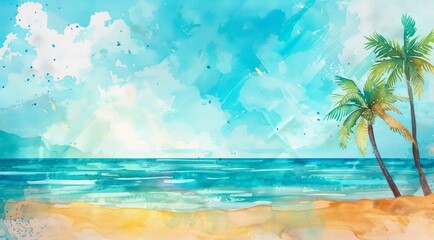 Obraz premium Artistic watercolor landscape of a tropical island with palm trees on a sand beach near the ocean.