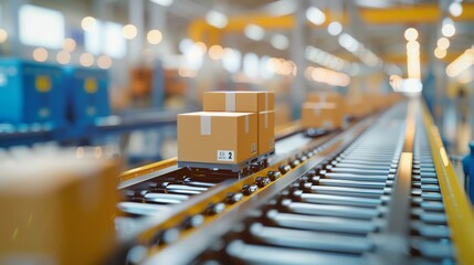 Cardboard boxes move along a conveyor belt in a modern warehouse.