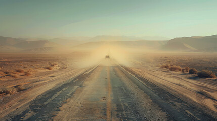 Car driving on dusty road in desert landscape with mountains in background during sunset
