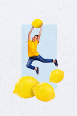 Composite trend artwork sketch image collage of copyspace young boy school age small jump levitate...