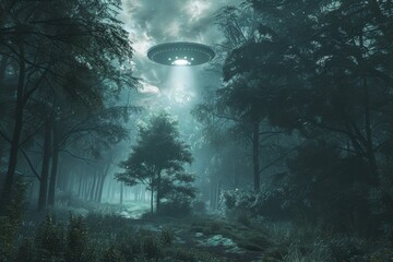 A mysterious UFO is seen hovering above a forest clearing at night, casting an eerie light on the dense trees, creating an enigmatic and suspenseful atmosphere.