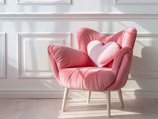 A cozy pink armchair with heart-shaped pillows, perfect for modern interior design. The chair is comfortable and stylish, suitable for a living room or a reading nook.