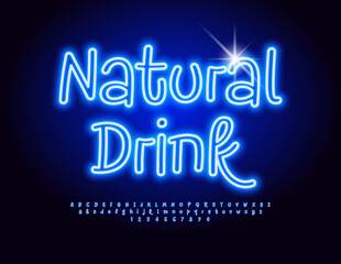 Vector neon advertisement Natural Drink. Glowing Blue Font. Funny Electric Alphabet Letters and Numbers set.
