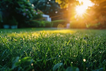 Dewy morning grass, sunshine glare and dew drops.