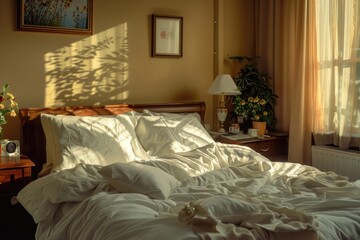 Sunlight streaming into bedroom creating a warm, cozy atmosphere. The unmade bed with comfortable bedding invites relaxation and rest.