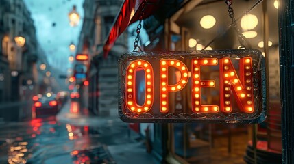 Neon open sign illuminating rainy urban street at dusk