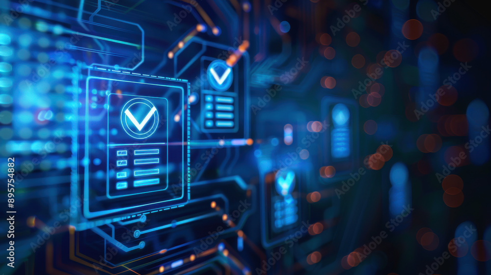 Poster an interactive virtual interface featuring a blue background with compliance standards and policy ch
