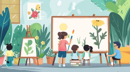 Children painting flowers in art class with vibrant colors and creativity, surrounded by potted plants and drawings.