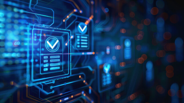 An interactive virtual interface featuring a blue background with compliance standards and policy checkboxes, showcasing adherence to legal requirements