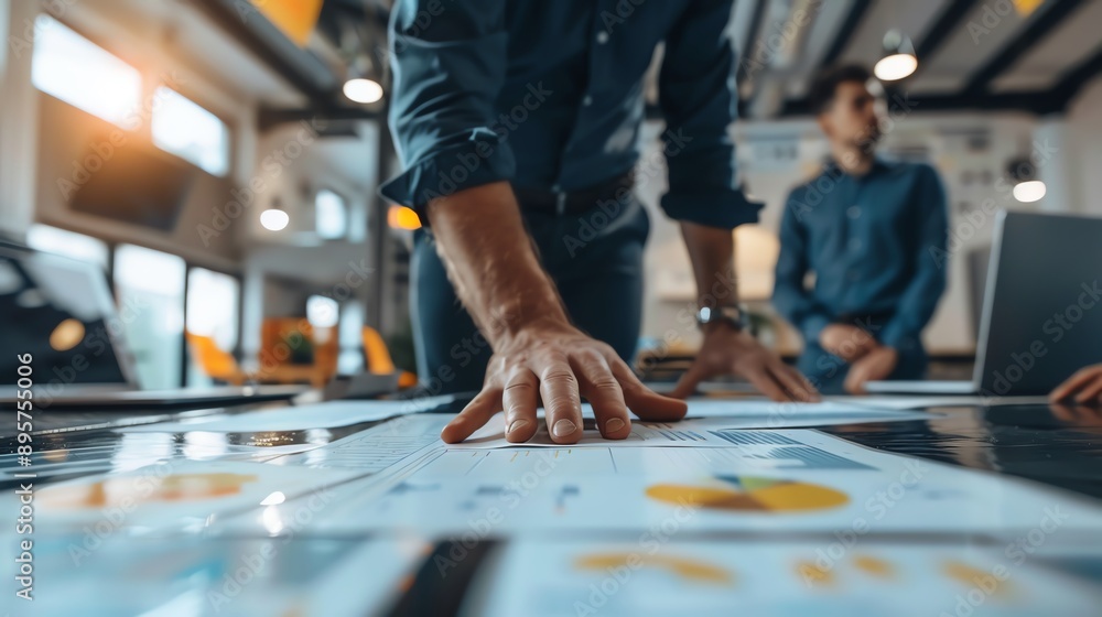 Poster close-up of a person discussing charts and data at a meeting in a modern office, emphasizing collabo
