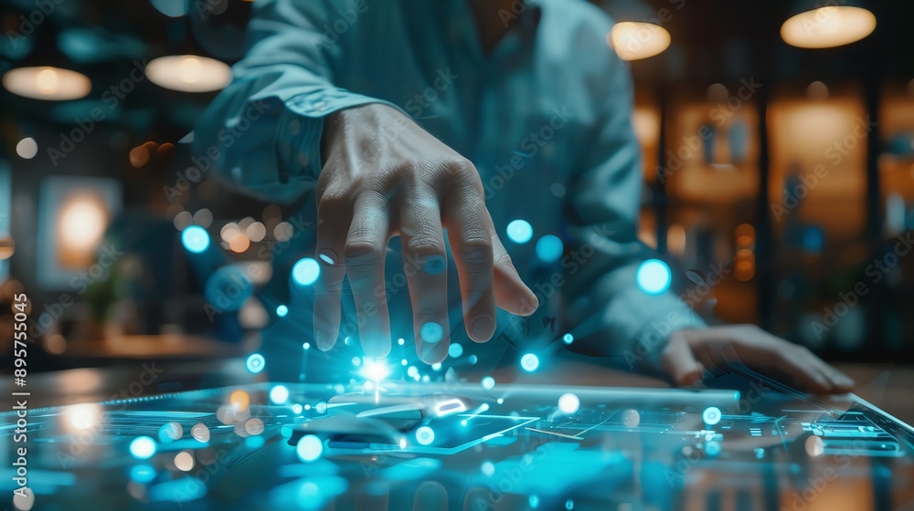Aufkleber close-up of a person interacting with a futuristic digital interface, displaying holographic data in