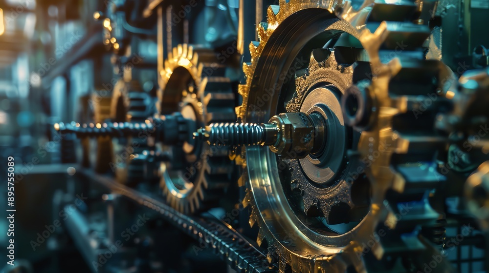 Aufkleber close-up of interlocking metal gears in an industrial machine, representing the complexity and preci