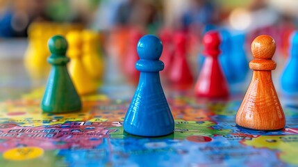 Close-up of colorful board game pieces on a game board, highlighting strategy and family fun in a playful setting.