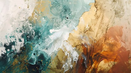 Abstract Painting Featuring a Dynamic Blend of Earthy and Aqua Tones