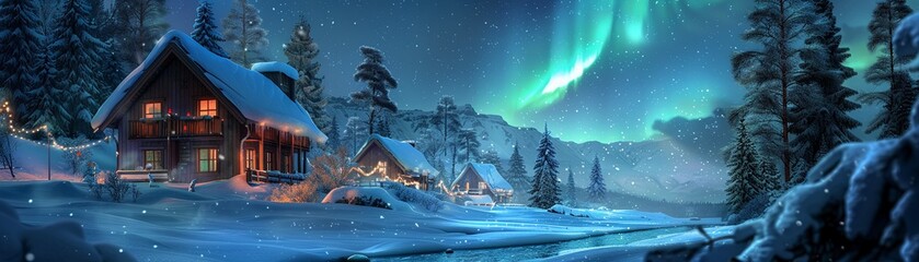 Peaceful Scandinavian winter village, snow-covered cabins, northern lights in the sky, cozy atmosphereHighly details , 8K