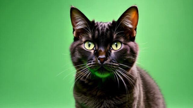 Close-up portrait of a black cat with striking yellow eyes on a vibrant green background.