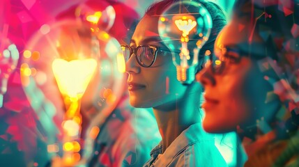 Creative brainstorming session with innovative ideas and glowing light bulbs, representing inspiration and futuristic vision.