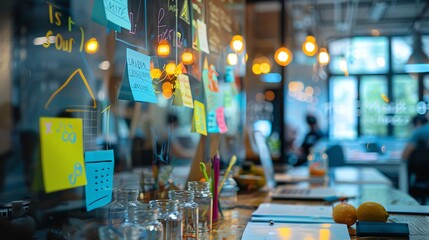 Obraz premium Creative workspace brainstorming session with sticky notes on glass wall, modern light bulbs, and blurred office background.