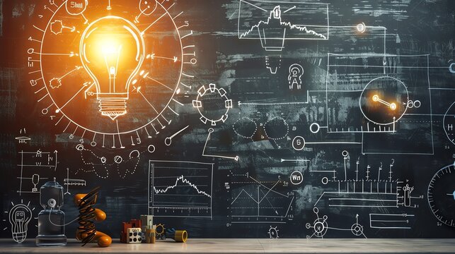 Creative concept of light bulb on chalkboard with scientific equations and diagrams. Innovation, idea generation, education and science concept.