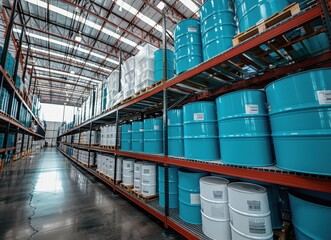 Industrial Warehouse with Rows of Blue and White Barrels
