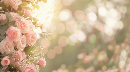 Beautiful pink rose bouquet with soft sunlight and bokeh background