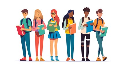 Obraz premium Diverse group of students with backpacks and books, standing in a line, studying and learning together