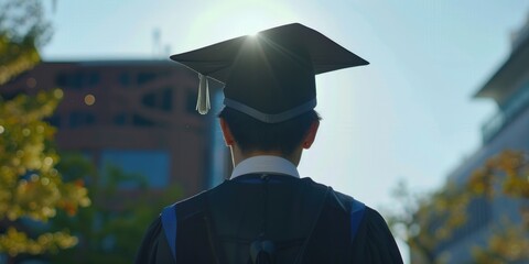 Candid shot of graduate standing with back to camera, sunlight streaming across the scene.