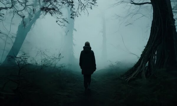 A person is walking through a dark forest with foggy trees. Scene is eerie and mysterious