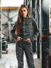 Fototapeta premium Girl in stylish work clothes in warehouse setting.
