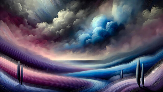 An abstract digital painting featuring colorful rolling hills and dramatic, swirling clouds in a dreamlike, surreal landscape.