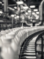 Obraz premium Milk bottles on an automated production line in a factory setting. Modern equipment used for large-scale milk processing and packaging.